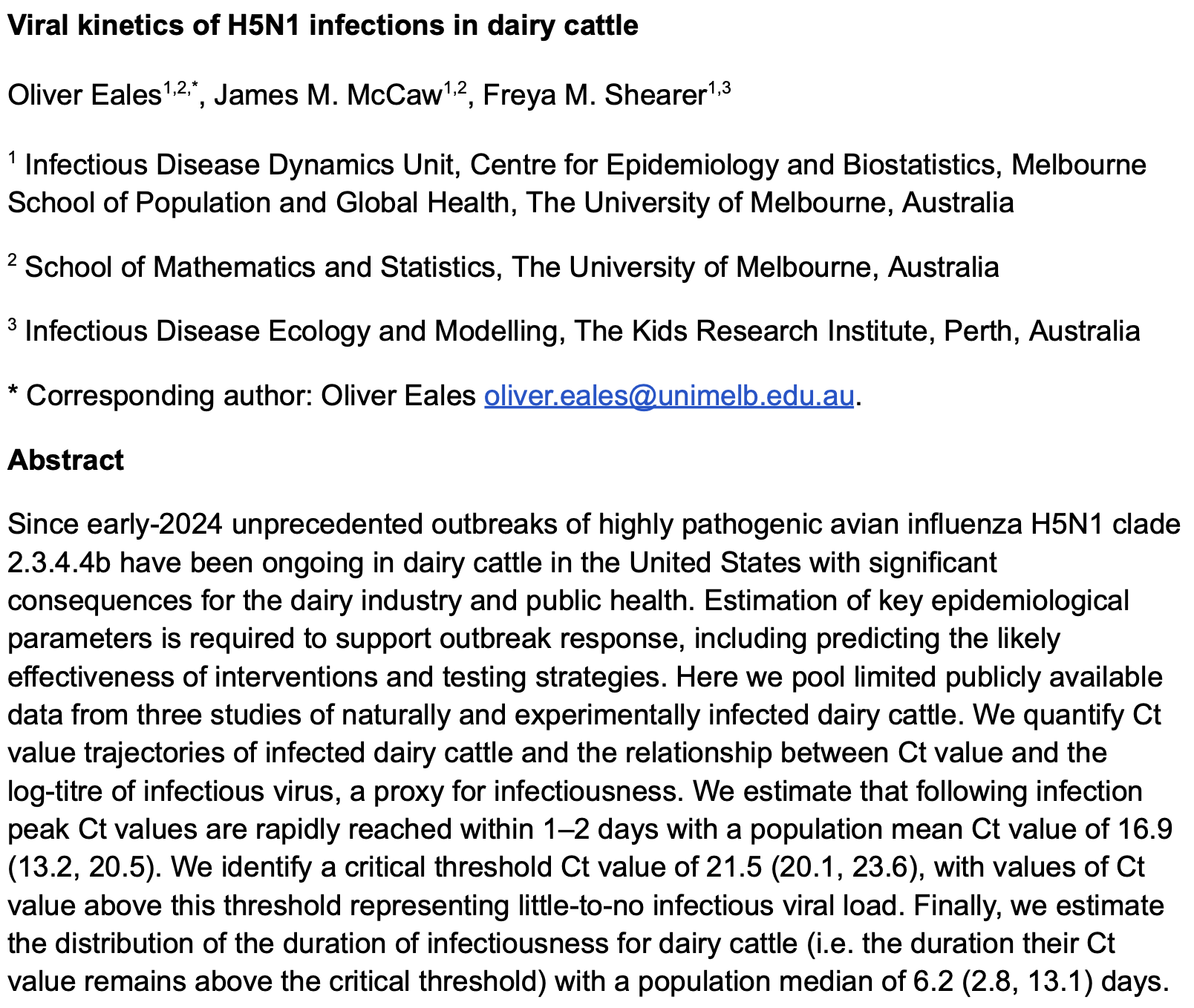 Abstract from Viral kinetics of H5N1 infections in dairy cattle