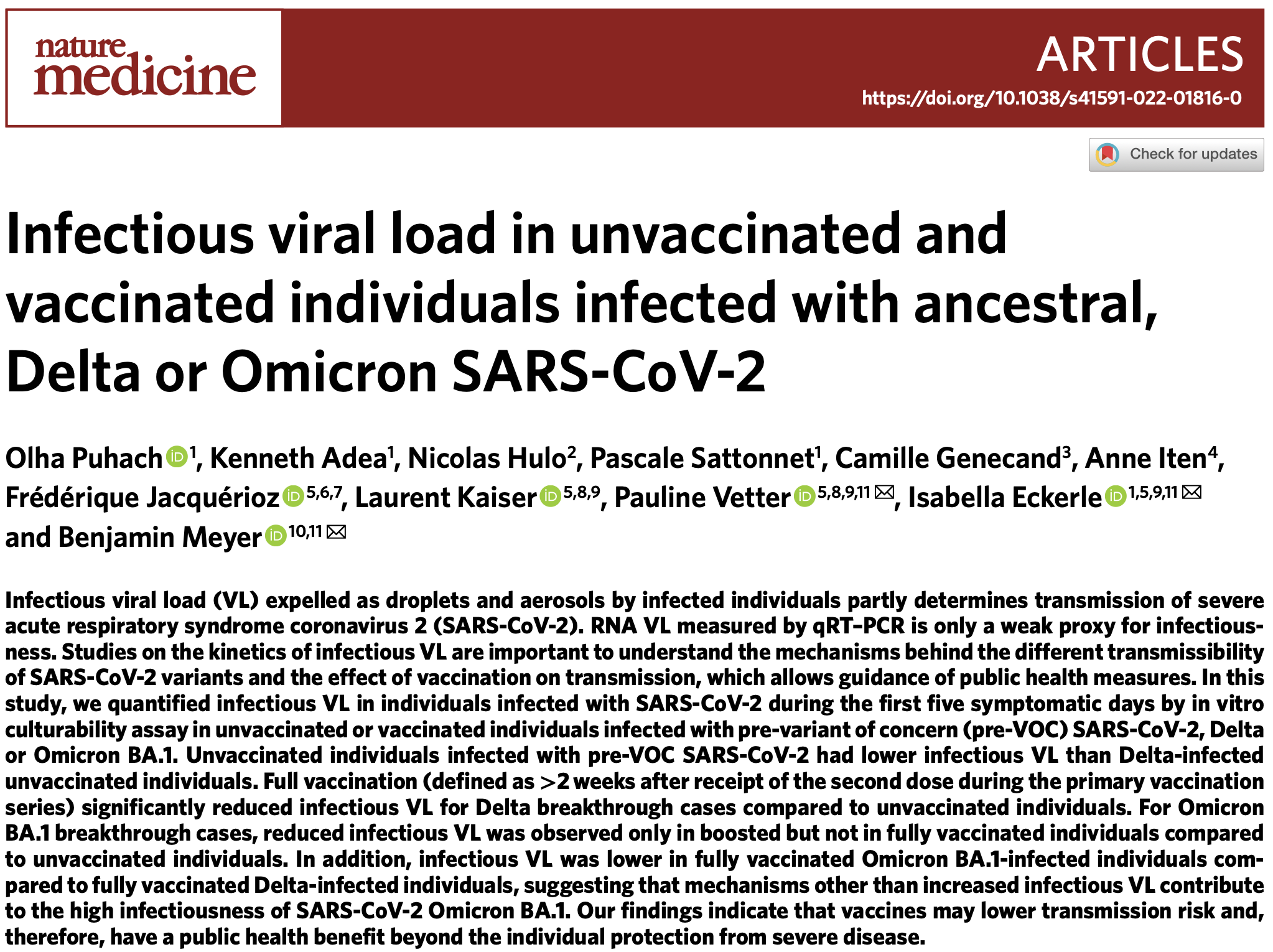 Abstract from Infectious viral load in unvaccinated and vaccinated individuals infected with ancestral, Delta or Omicron SARS-CoV-2
