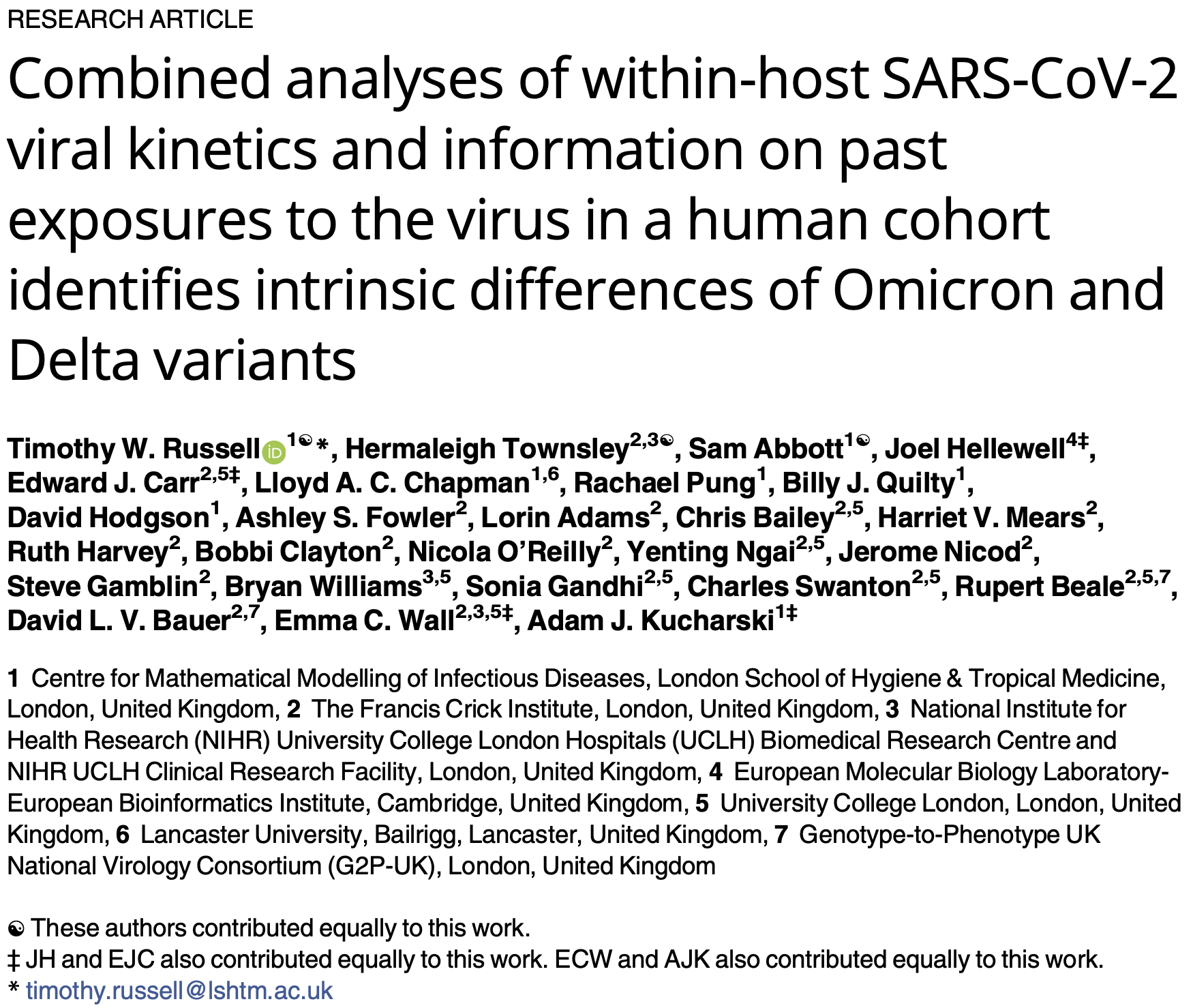 Abstract from Combined analyses of within-host SARS-CoV-2 viral kinetics and information on past exposures to the virus in a human cohort identifies intrinsic differences of Omicron and Delta variants