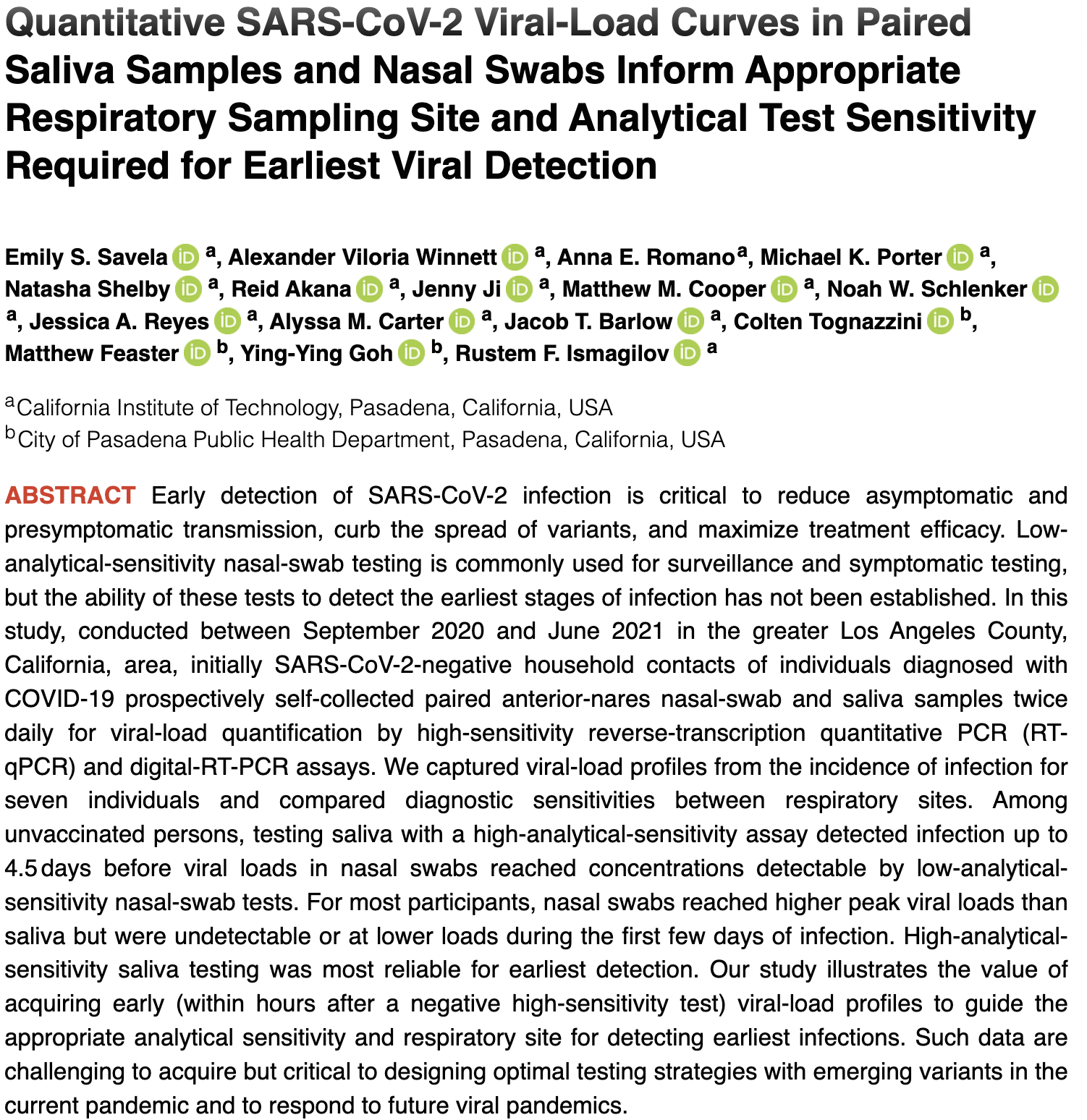 Abstract from Quantitative SARS-CoV-2 Viral-Load Curves in Paired Saliva Samples and Nasal Swabs Inform Appropriate Respiratory Sampling Site and Analytical Test Sensitivity Required for Earliest Viral Detection