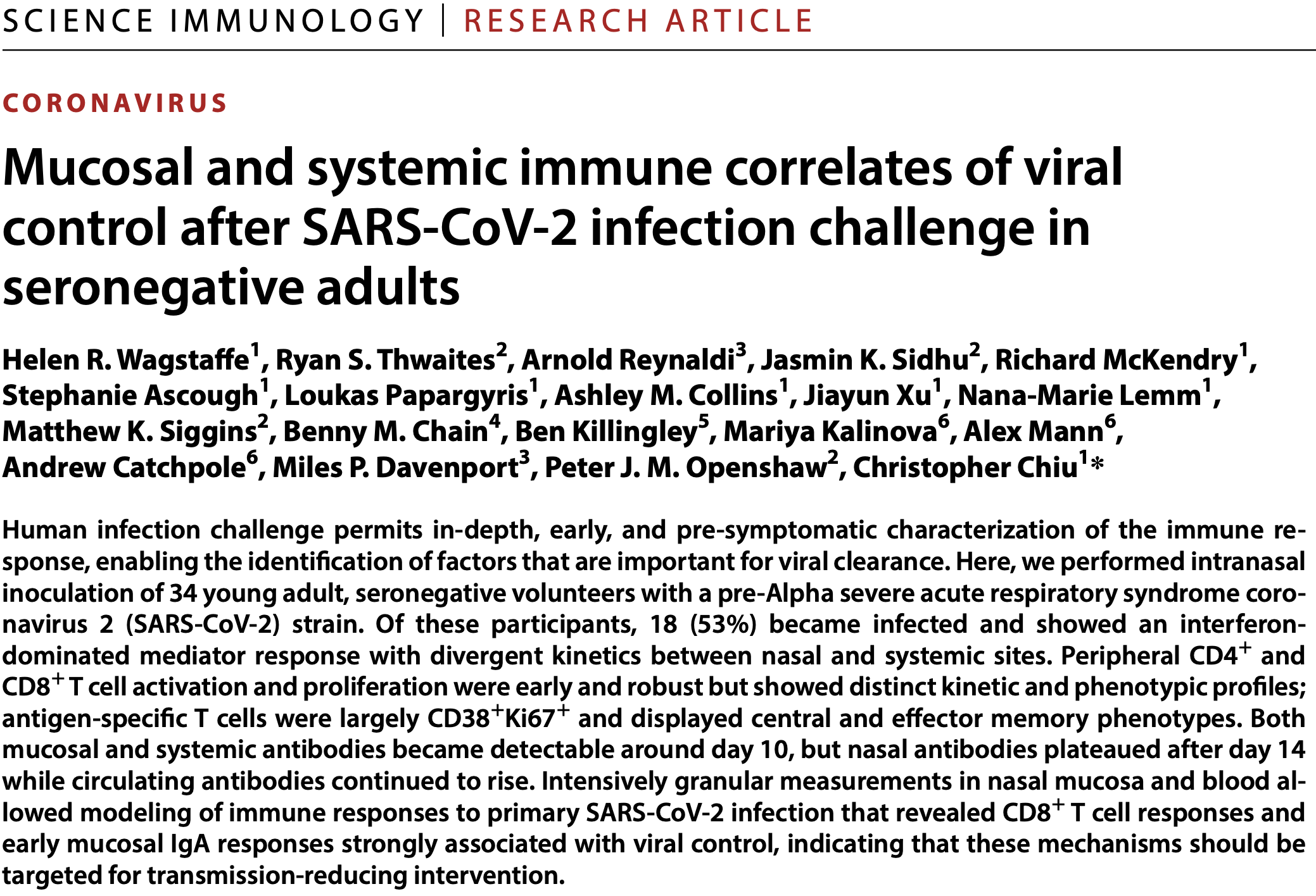 Abstract from Mucosal and systemic immune correlates of viral control after SARS-CoV-2 infection challenge in seronegative adults