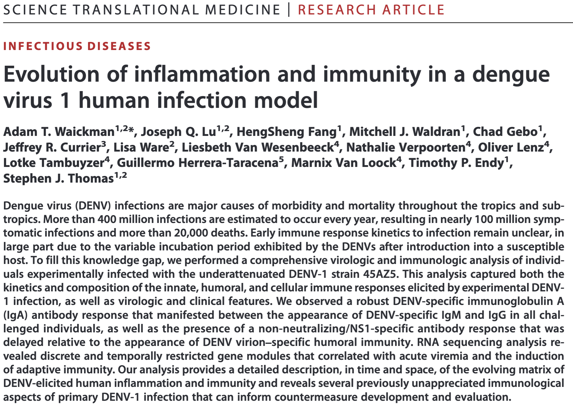 Abstract from Evolution of inflammation and immunity in a denguevirus 1 human infection model